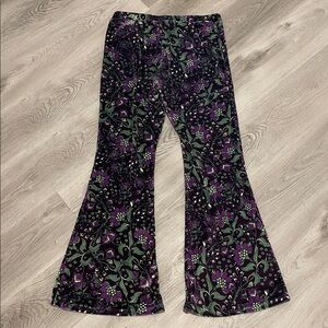 Purple Floral Stretch Velvet Flare Pants